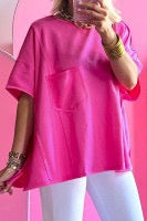 Bright Pink Patched Pocket Exposed Seam Oversized Top
